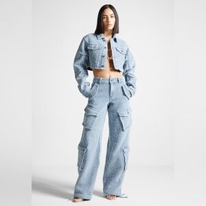 Maniere de Voir High Waisted Boucle Denim Cargo Pants Mid Blue